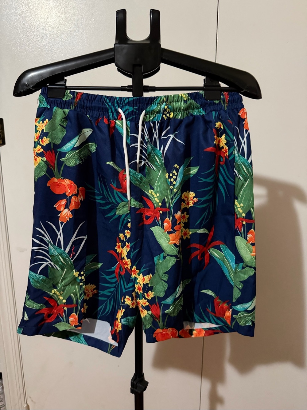 NFINITY Navy Tropical Floral Swim Shorts with Green & Red Accents